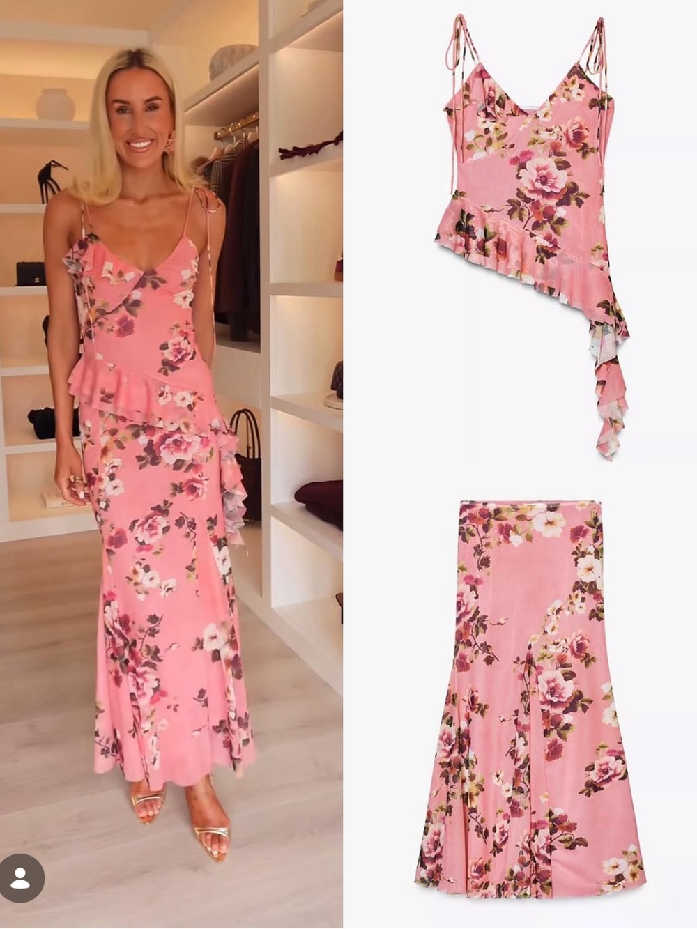 NWT Zara Floral Printed Tulle 2 Piece Asymmetrical Ruffle Top & Maxi Skirt